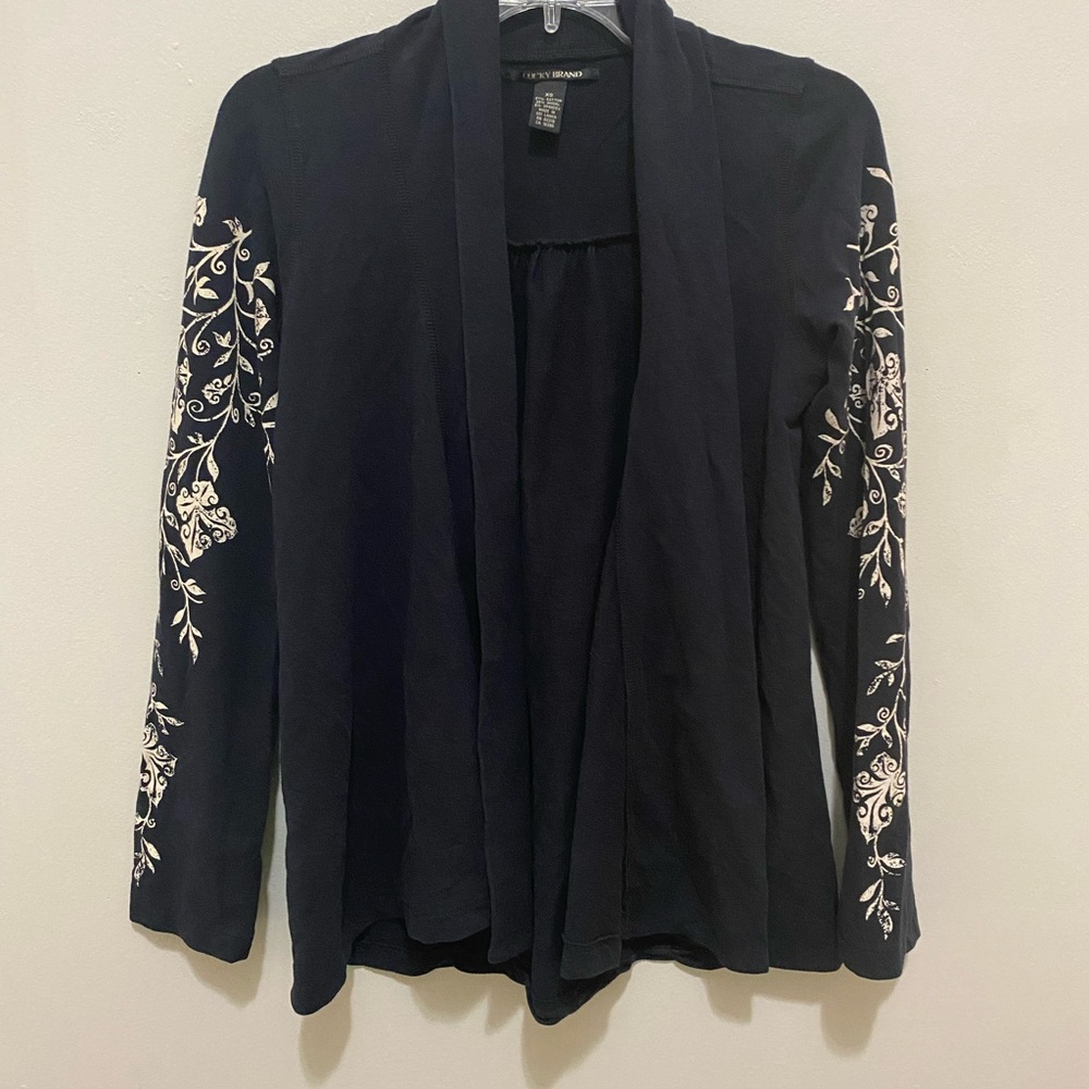Lucky Brand Black Cardigan with White Embroidery